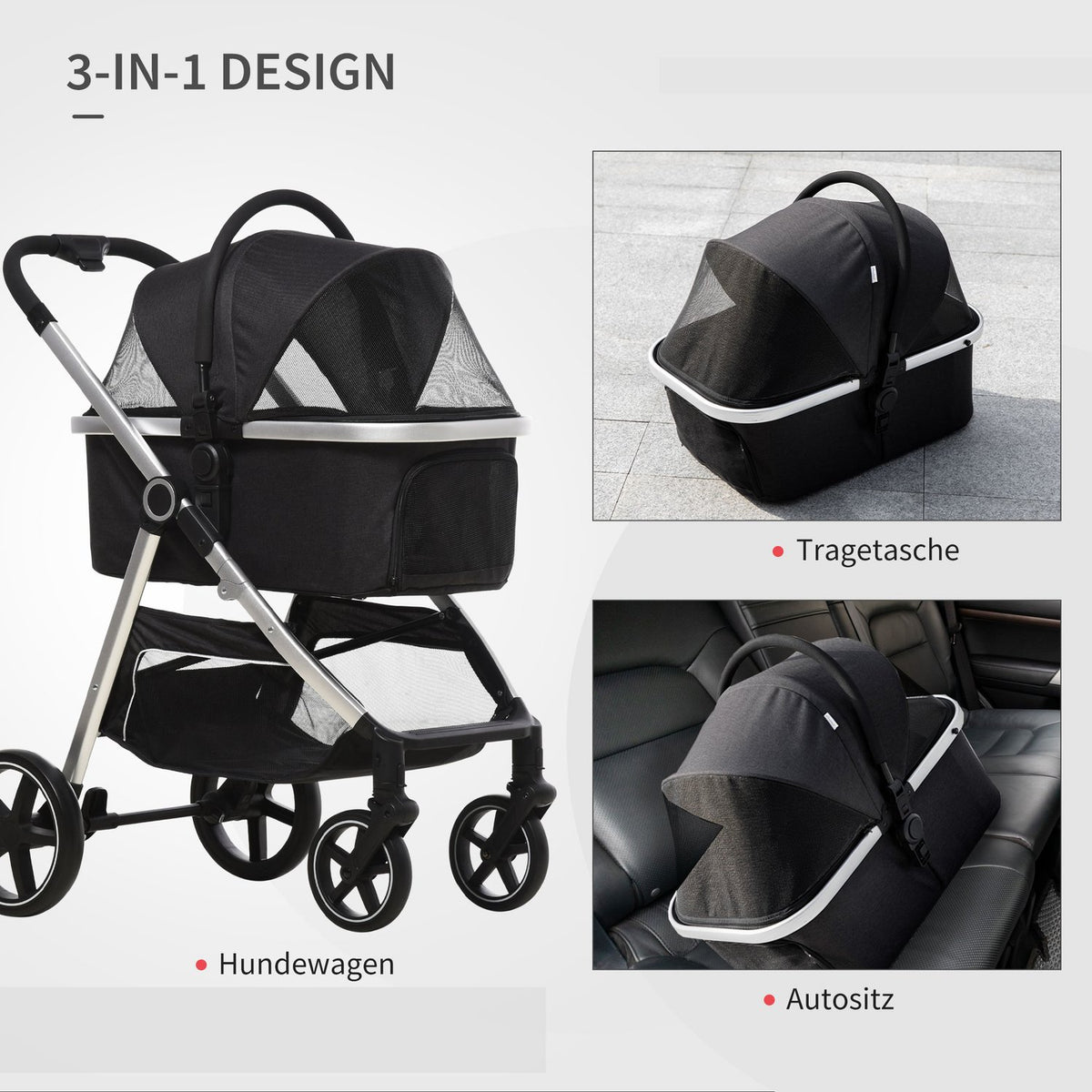 Dog Stroller, 3 In 1 Dog Stroller, Car Seat, Transport Bag, Cat Stroller With Cushion Up To 15 Kg, Foldable With Brakes, Mesh Window, Safety Lines