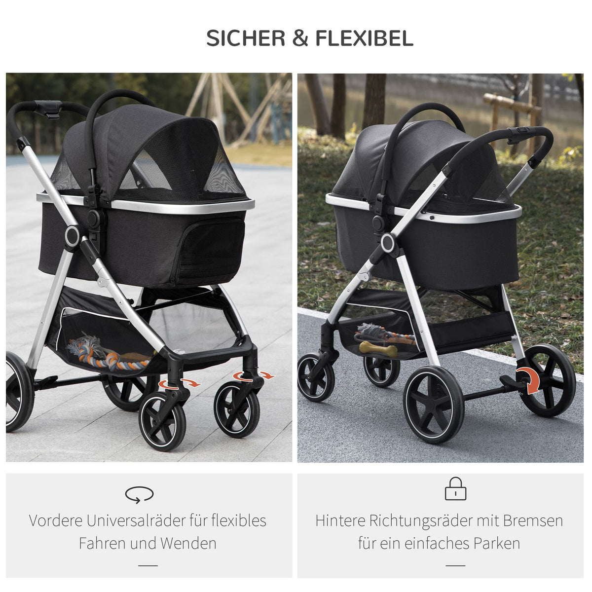 Dog Stroller, 3 In 1 Dog Stroller, Car Seat, Transport Bag, Cat Stroller With Cushion Up To 15 Kg, Foldable With Brakes, Mesh Window, Safety Lines