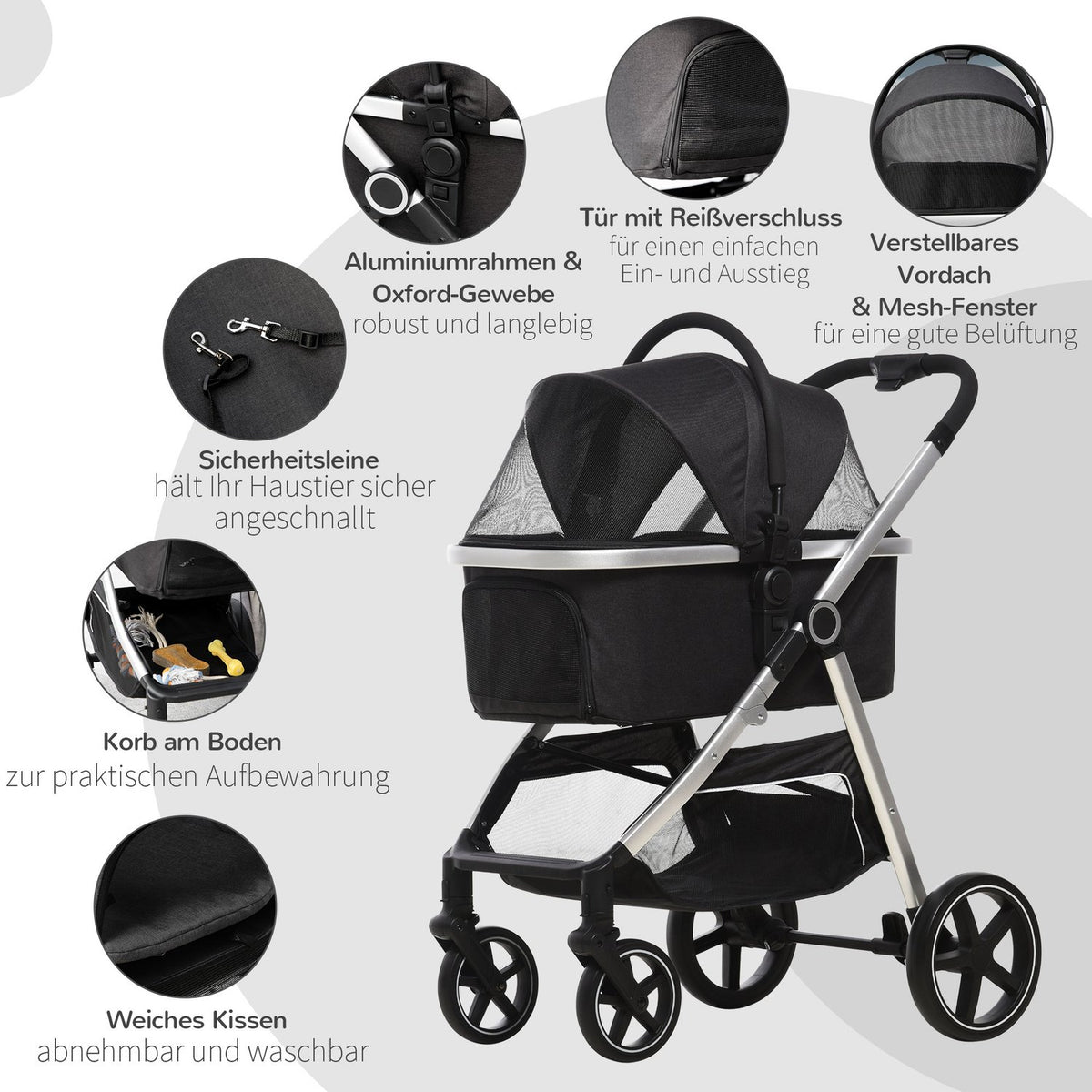 Dog Stroller, 3 In 1 Dog Stroller, Car Seat, Transport Bag, Cat Stroller With Cushion Up To 15 Kg, Foldable With Brakes, Mesh Window, Safety Lines