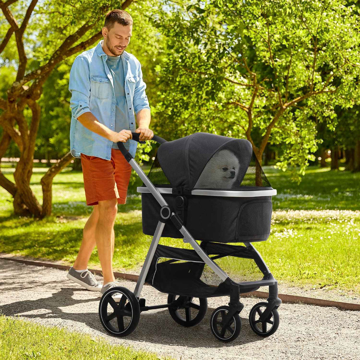 Dog Stroller, 3 In 1 Dog Stroller, Car Seat, Transport Bag, Cat Stroller With Cushion Up To 15 Kg, Foldable With Brakes, Mesh Window, Safety Lines