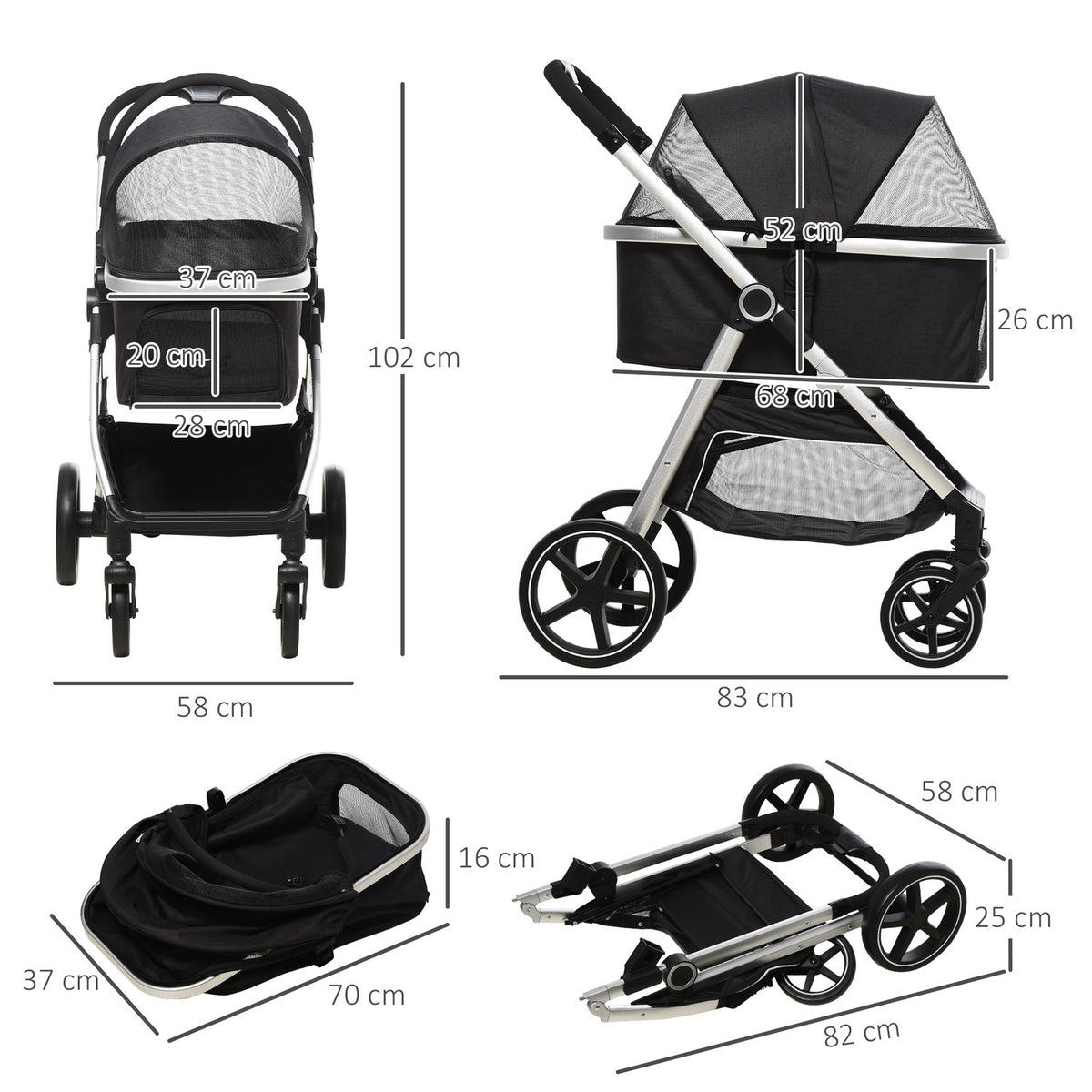 Dog Stroller, 3 In 1 Dog Stroller, Car Seat, Transport Bag, Cat Stroller With Cushion Up To 15 Kg, Foldable With Brakes, Mesh Window, Safety Lines