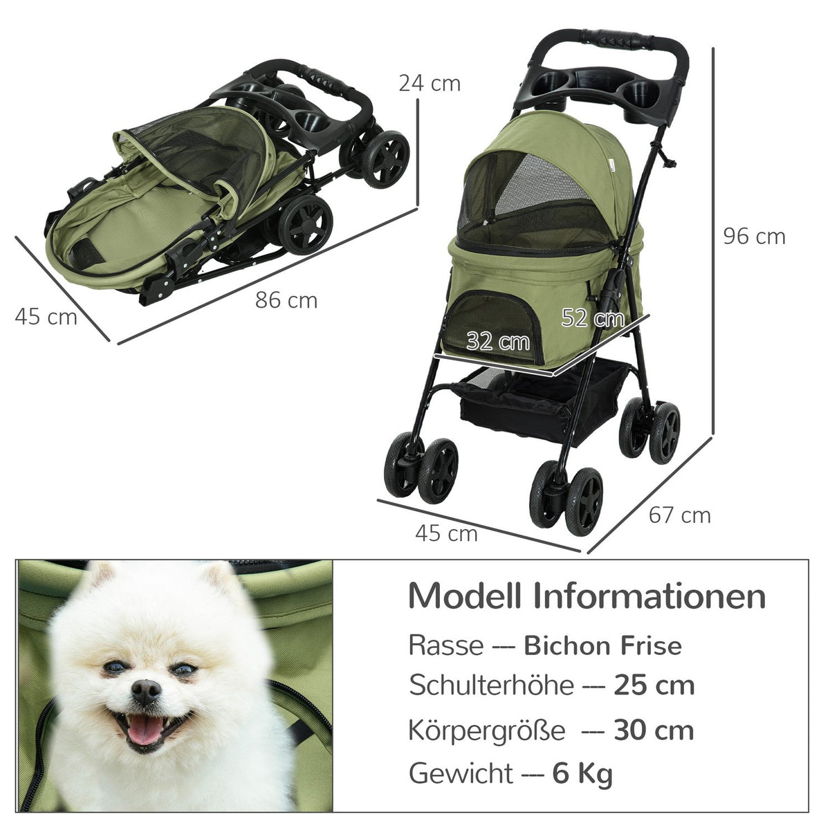 Dog Stroller Dog Buggy With Folding Function Pet Stroller For Small Dogs And Cats Pet Stroller Cat Buggy Oxford Dark Green 67 X 45 X 96 Cm