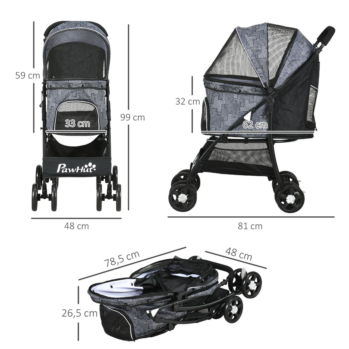 Dog Stroller, Foldable Dog Stroller, Dog Trolley With Cushion, Cat Stroller, Cat Stroller With 4 Wheels, Mesh Window, Storage Space, Oxford Cloth, Black