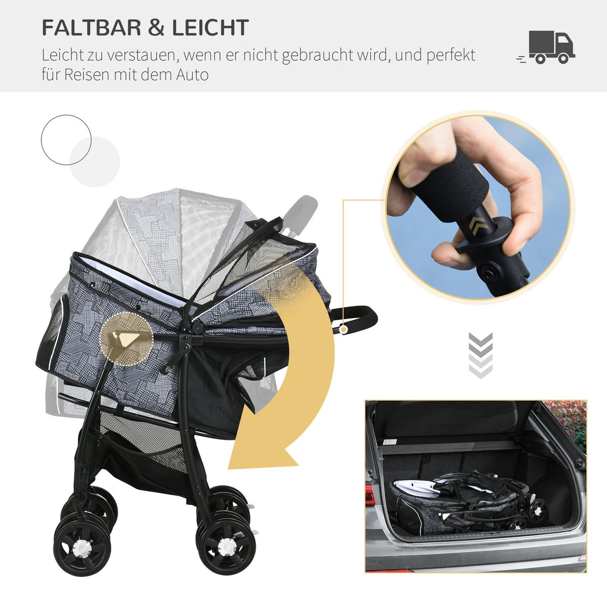 Dog Stroller, Foldable Dog Stroller, Dog Trolley With Cushion, Cat Stroller, Cat Stroller With 4 Wheels, Mesh Window, Storage Space, Oxford Cloth, Black