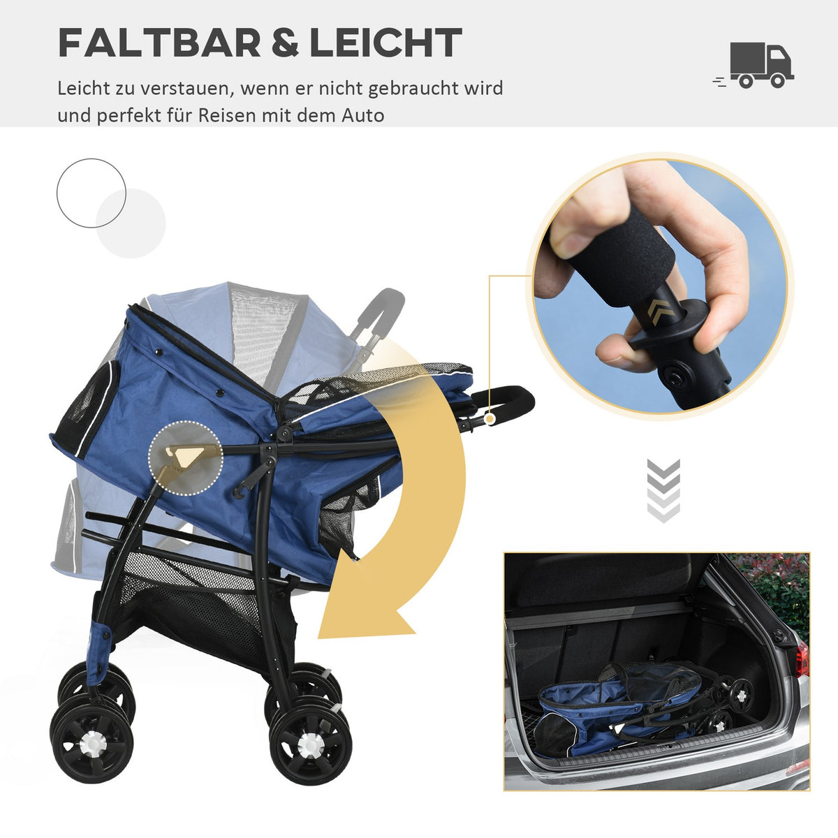 Dog Stroller, Foldable Dog Stroller, Dog Trolley With Cushion, Cat Stroller, Mesh Window, Storage For Small Dogs, Cats, 600D Oxford, Blue