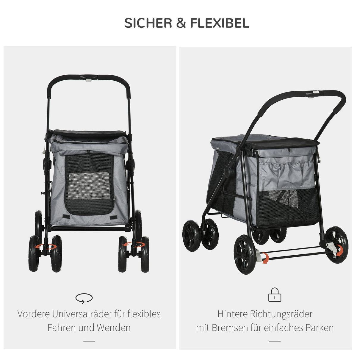 Dog Stroller, Foldable Dog Stroller, Dog Trolley With Cushion, Cat Stroller Up To 20Kg, Cat Stroller, Mesh Window, Oxford Fabric, Grey+Black