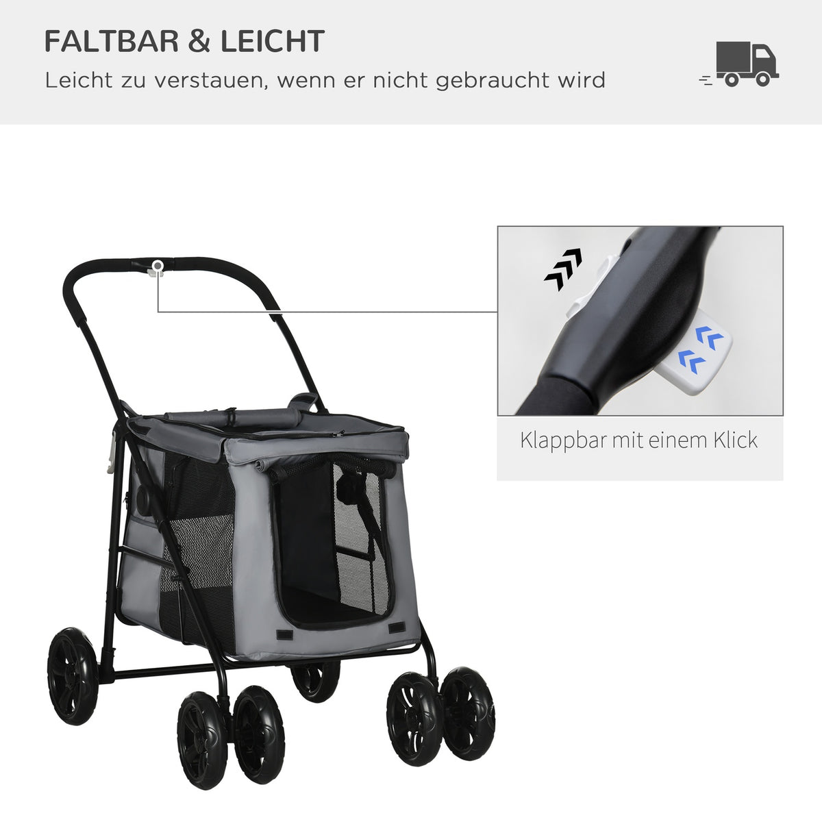 Dog Stroller, Foldable Dog Stroller, Dog Trolley With Cushion, Cat Stroller Up To 20Kg, Cat Stroller, Mesh Window, Oxford Fabric, Grey+Black