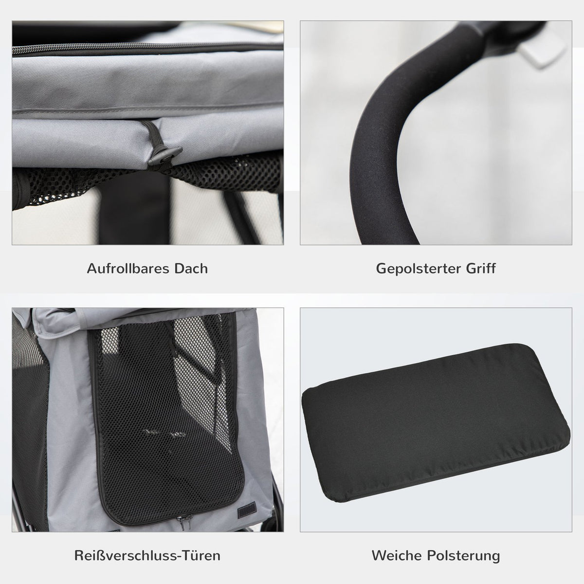 Dog Stroller, Foldable Dog Stroller, Dog Trolley With Cushion, Cat Stroller Up To 20Kg, Cat Stroller, Mesh Window, Oxford Fabric, Grey+Black