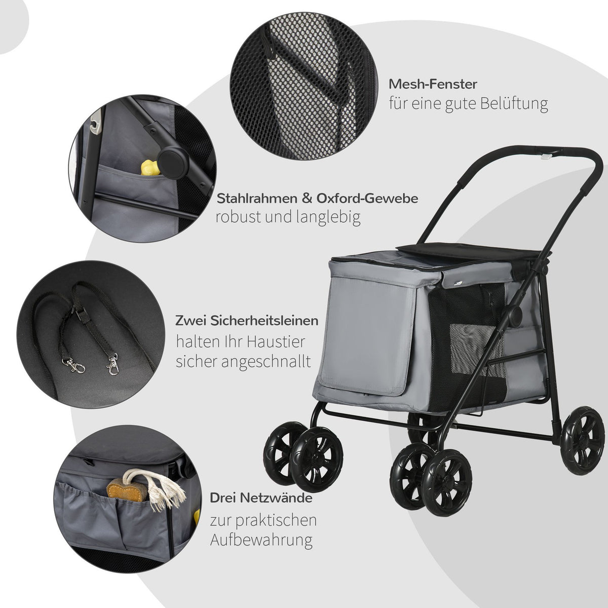 Dog Stroller, Foldable Dog Stroller, Dog Trolley With Cushion, Cat Stroller Up To 20Kg, Cat Stroller, Mesh Window, Oxford Fabric, Grey+Black