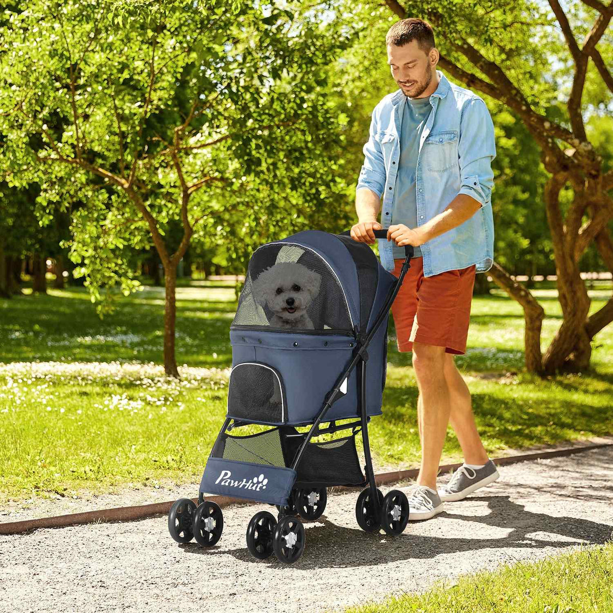 Dog Stroller Foldable Dog Stroller With Cushion, 4 Wheels, Mesh Window, For Small Dogs And Cats, 600D Oxford