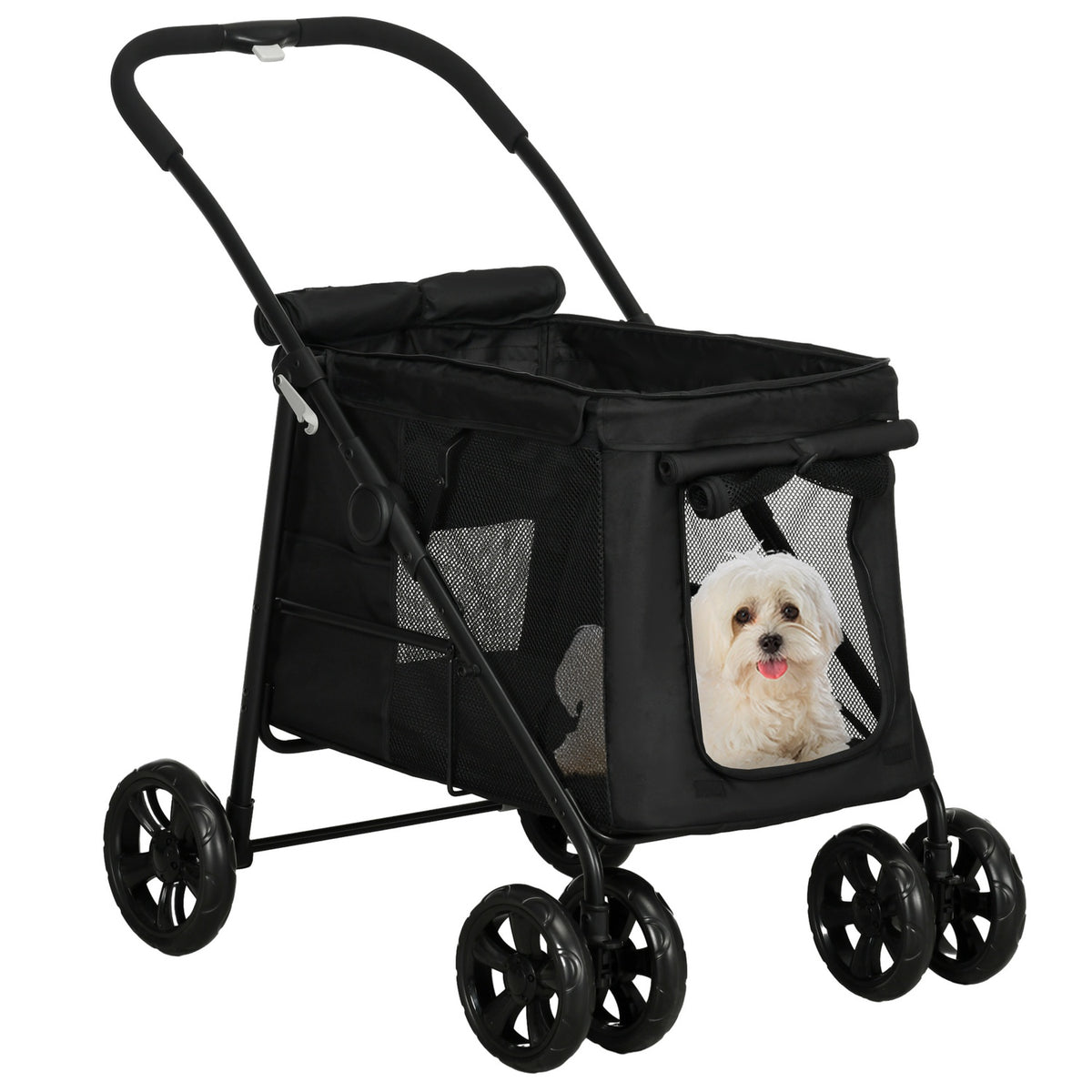 Dog Stroller Folding Dog Stroller With Side Pockets Mesh Window For Small Medium Dogs Up To 20Kg Oxford Fabric Black