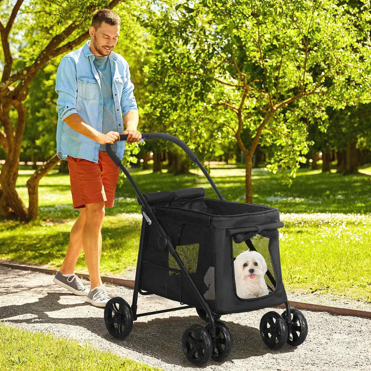Dog Stroller Folding Dog Stroller With Side Pockets Mesh Window For Small Medium Dogs Up To 20Kg Oxford Fabric Black