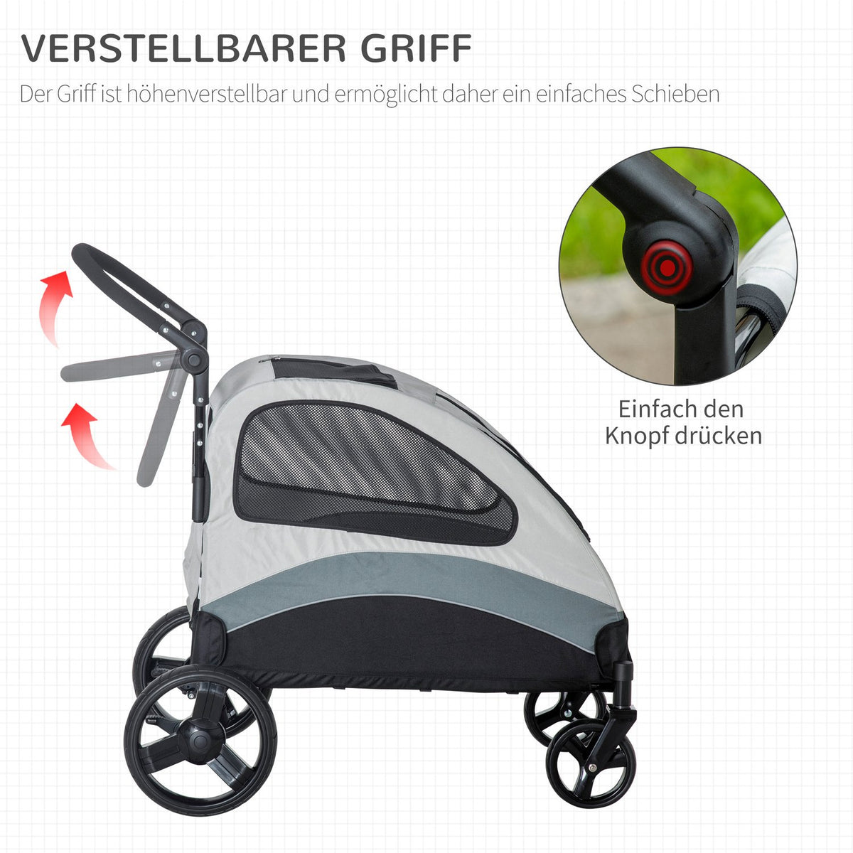 Dog Stroller Versatile Dog Stroller With 4 Wheels, Mesh Window, Side Pocket, Foldable, For Small/Medium Dogs & Cats, Oxford Cloth, Grey+Black, 107X67X102Cm