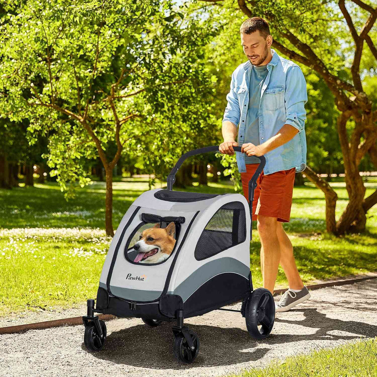 Dog Stroller Versatile Dog Stroller With 4 Wheels, Mesh Window, Side Pocket, Foldable, For Small/Medium Dogs & Cats, Oxford Cloth, Grey+Black, 107X67X102Cm