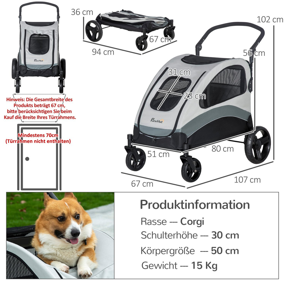 Dog Stroller Versatile Dog Stroller With 4 Wheels, Mesh Window, Side Pocket, Foldable, For Small/Medium Dogs & Cats, Oxford Cloth, Grey+Black, 107X67X102Cm