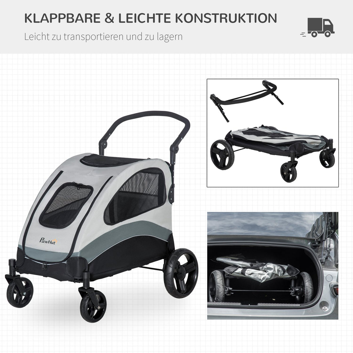 Dog Stroller Versatile Dog Stroller With 4 Wheels, Mesh Window, Side Pocket, Foldable, For Small/Medium Dogs & Cats, Oxford Cloth, Grey+Black, 107X67X102Cm