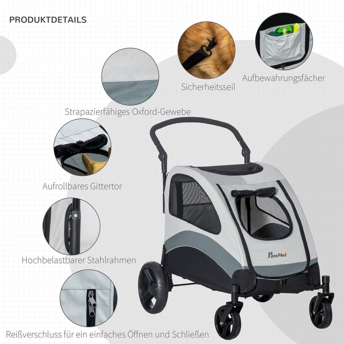 Dog Stroller Versatile Dog Stroller With 4 Wheels, Mesh Window, Side Pocket, Foldable, For Small/Medium Dogs & Cats, Oxford Cloth, Grey+Black, 107X67X102Cm