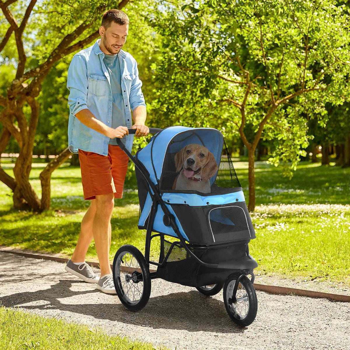 Dog Stroller With Reflectors, Foldable, Storage Basket, Sun Protection, Mesh Window, Oxford, Blue