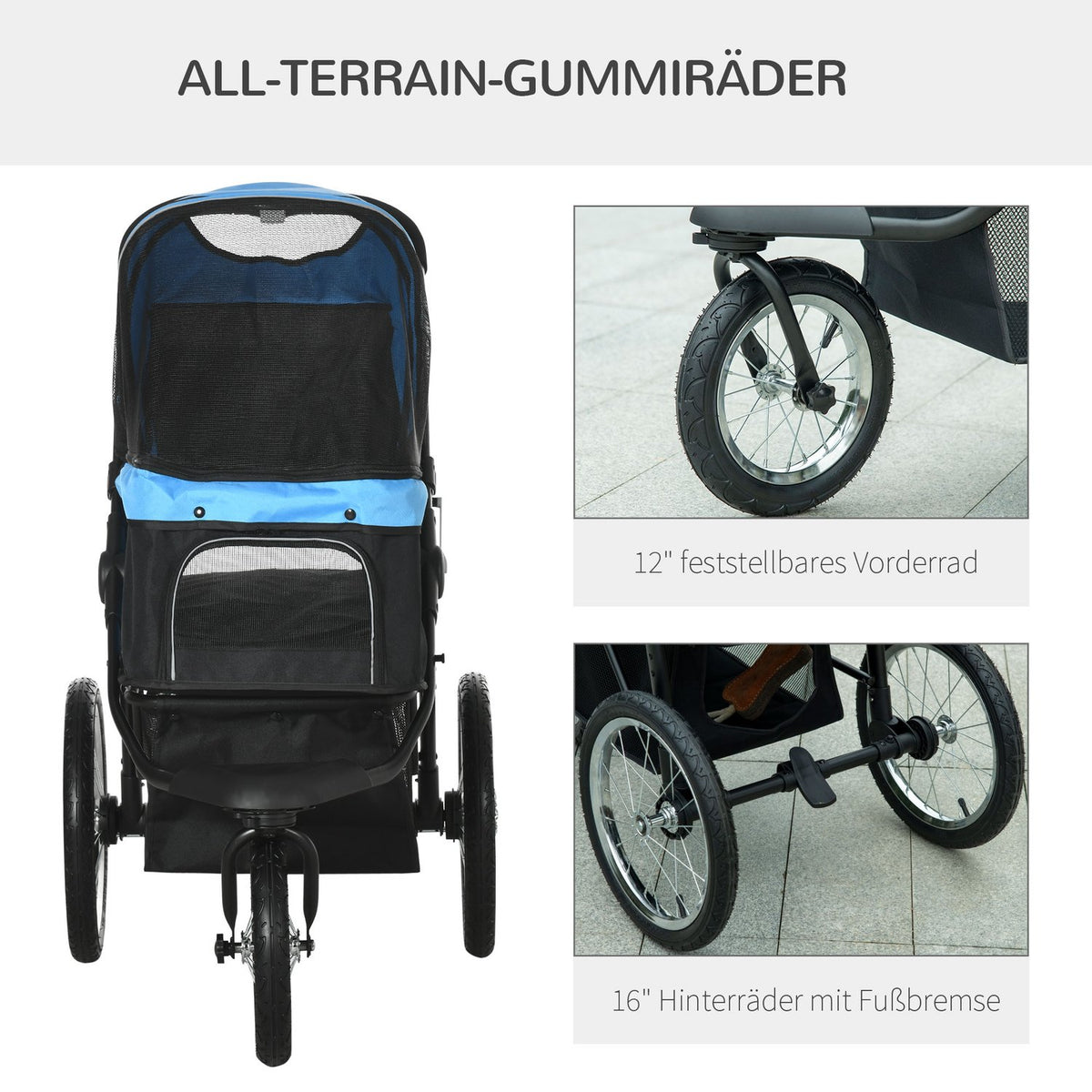 Dog Stroller With Reflectors, Foldable, Storage Basket, Sun Protection, Mesh Window, Oxford, Blue