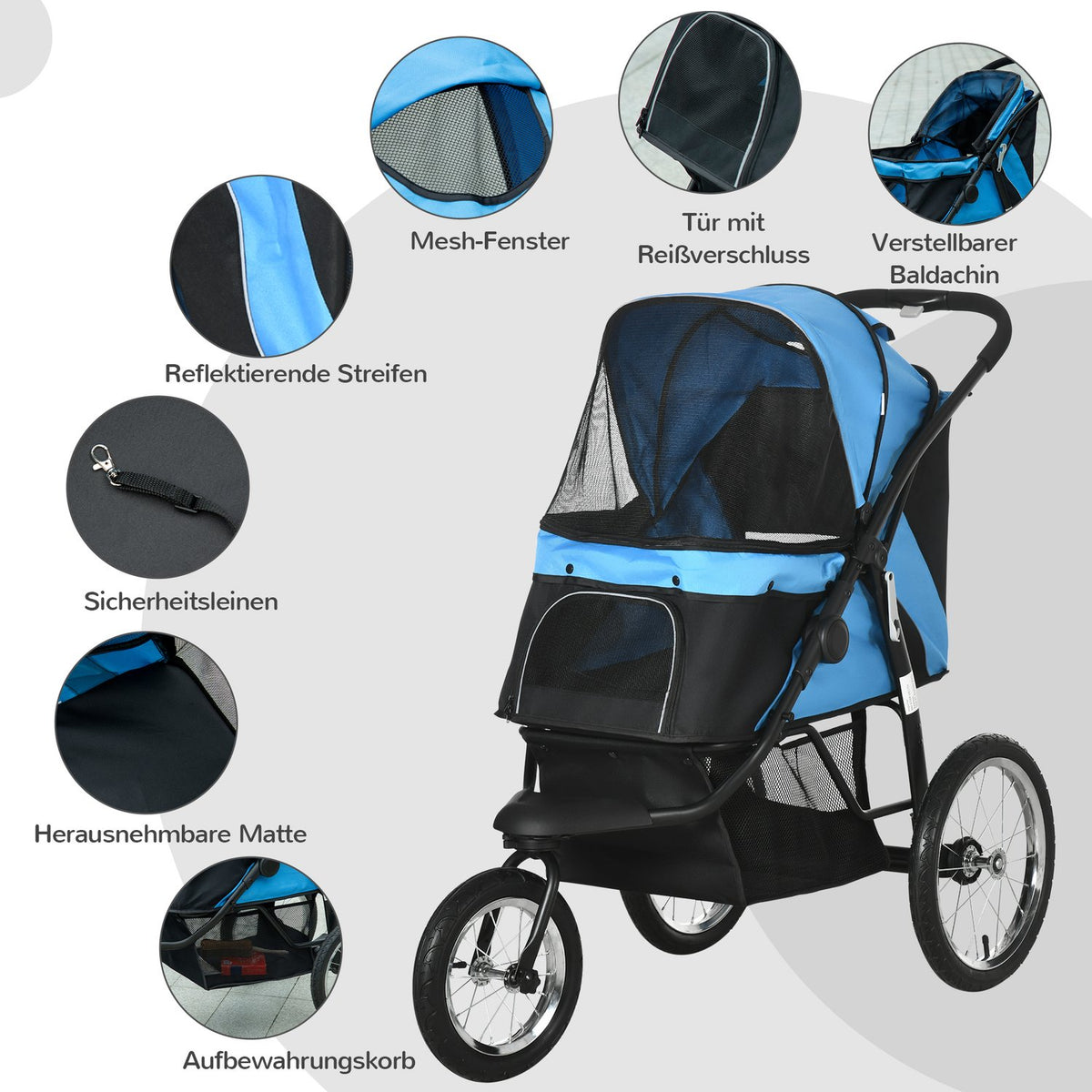 Dog Stroller With Reflectors, Foldable, Storage Basket, Sun Protection, Mesh Window, Oxford, Blue