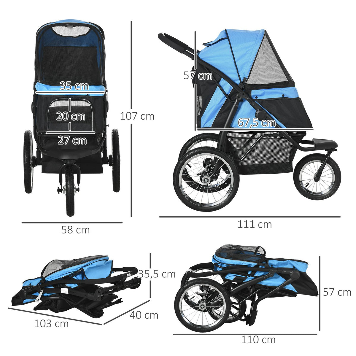 Dog Stroller With Reflectors, Foldable, Storage Basket, Sun Protection, Mesh Window, Oxford, Blue
