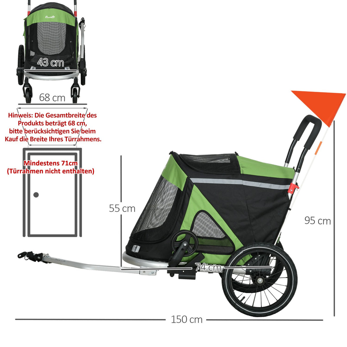 Dog Trailer 2-In-1 Dog Buggy Dog Bike Trailer Safety Leash Dog Cart Reflectors Up To 20Kg Oxford Green