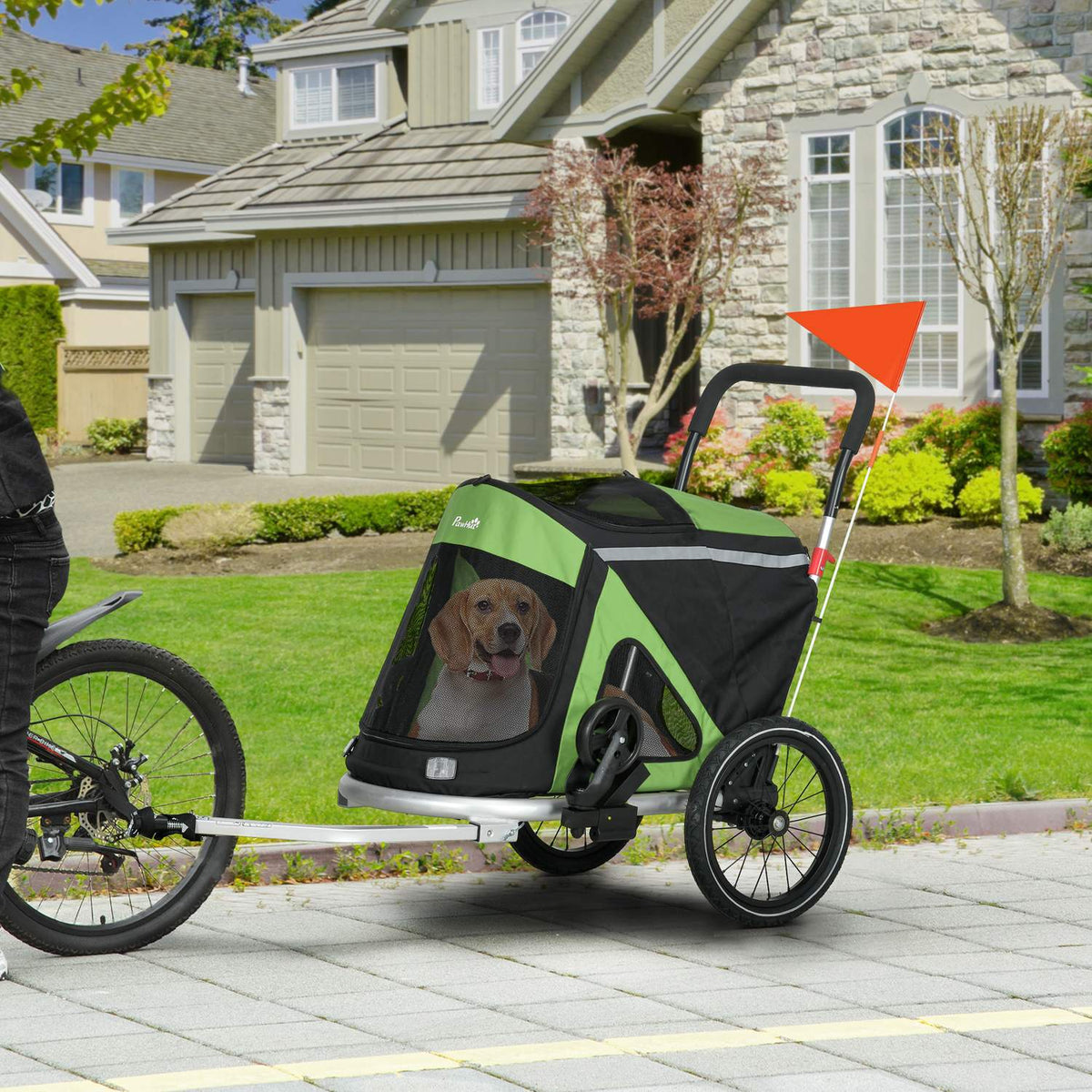 Dog Trailer 2-In-1 Dog Buggy Dog Bike Trailer Safety Leash Dog Cart Reflectors Up To 20Kg Oxford Green