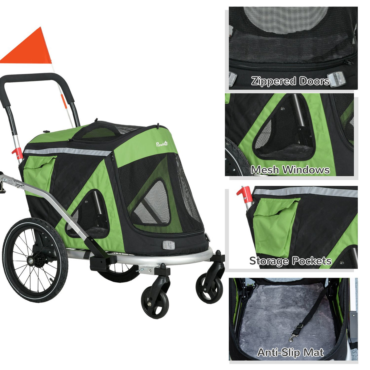 Dog Trailer 2-In-1 Dog Buggy Dog Bike Trailer Safety Leash Dog Cart Reflectors Up To 20Kg Oxford Green