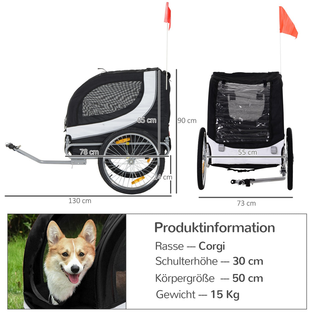 Dog Trailer Bicycle Trailer Dog Transporter Bicycle White+Black 130X73X90Cm
