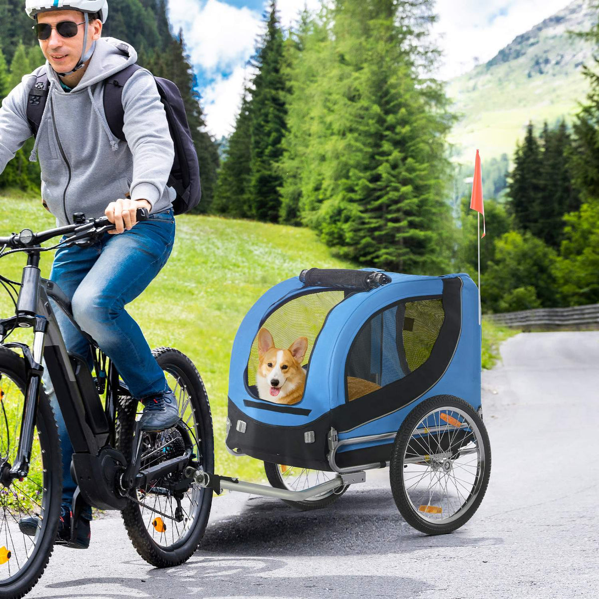 Dog Trailer Bicycle Trailer Dog Transporter, Dog Bicycle Trailer, Blue+Black, 130X73X90Cm