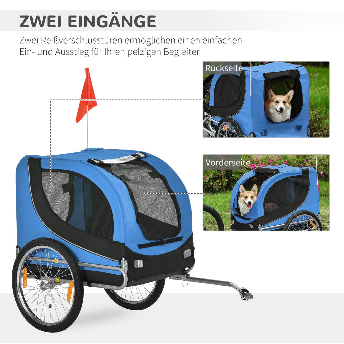 Dog Trailer Bicycle Trailer Dog Transporter, Dog Bicycle Trailer, Blue+Black, 130X73X90Cm