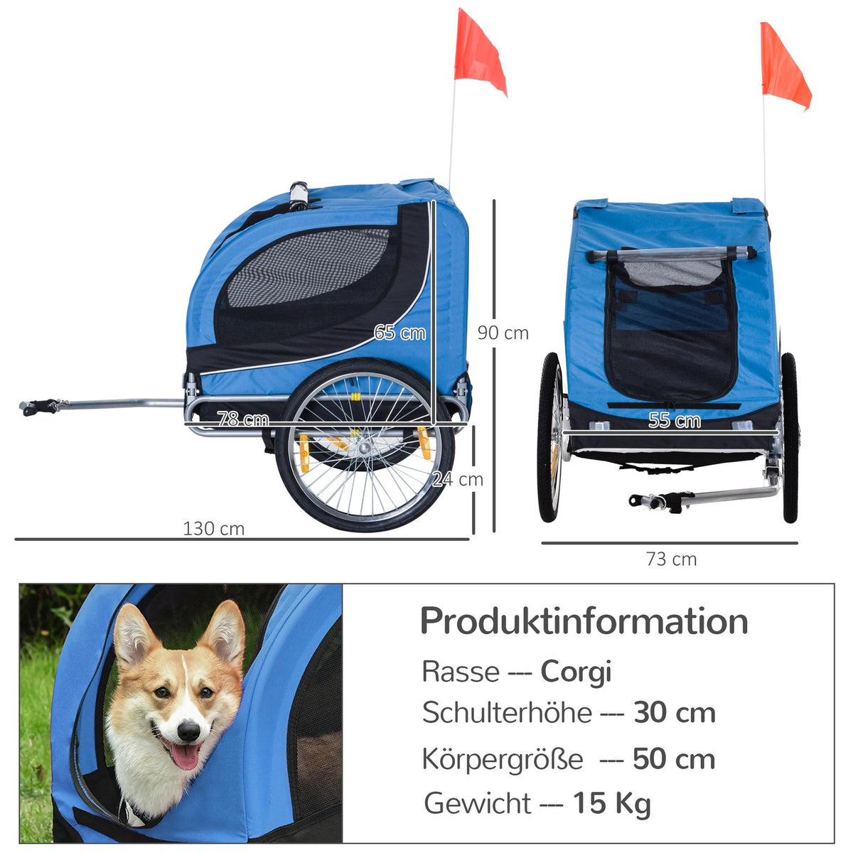 Dog Trailer Bicycle Trailer Dog Transporter, Dog Bicycle Trailer, Blue+Black, 130X73X90Cm