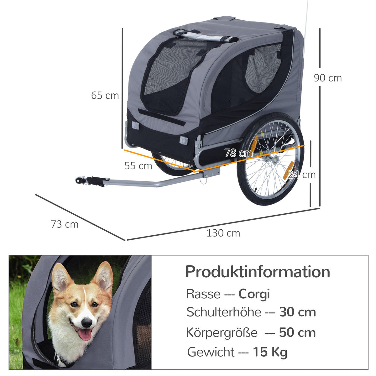 Dog Trailer Bicycle Trailer Dog Transporter Dog Bicycle Trailer Gray + Black 130 X 73 X 90 Cm