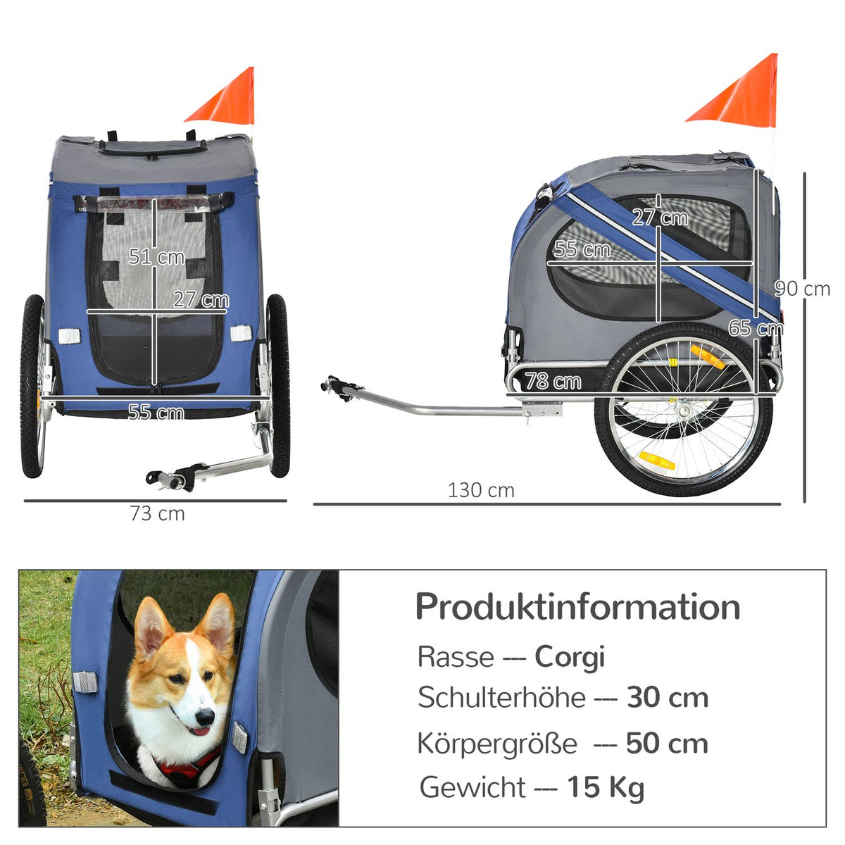 Dog Trailer Bicycle Trailer Dog Transporter Dog Bicycle Trailer Oxford Fabric Rain Cover Breathable Blue 130 X 73 X 90 Cm