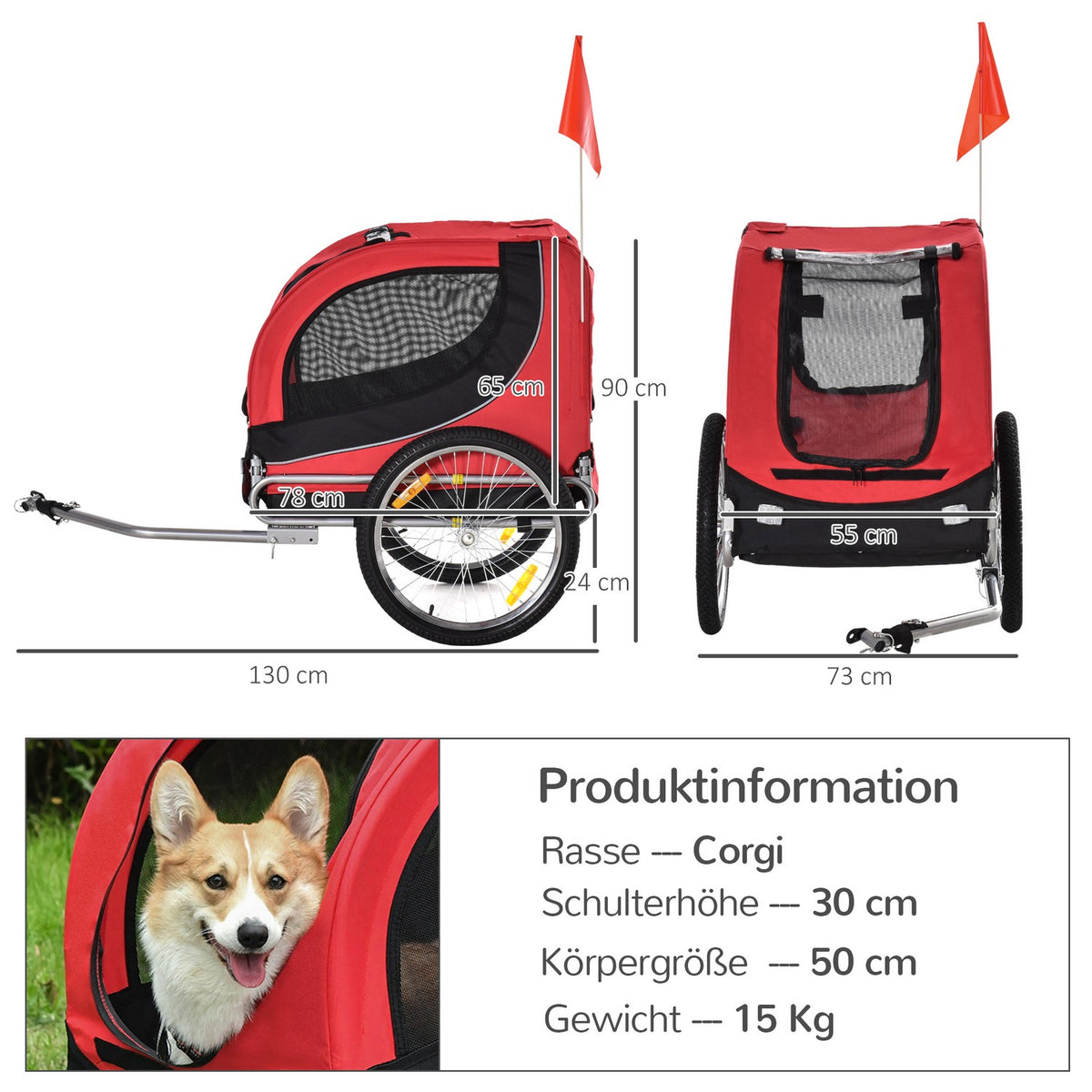 Dog Trailer Bicycle Trailer Dog Transporter Dog Bicycle Trailer Red + Black 130 X 73 X 90 Cm