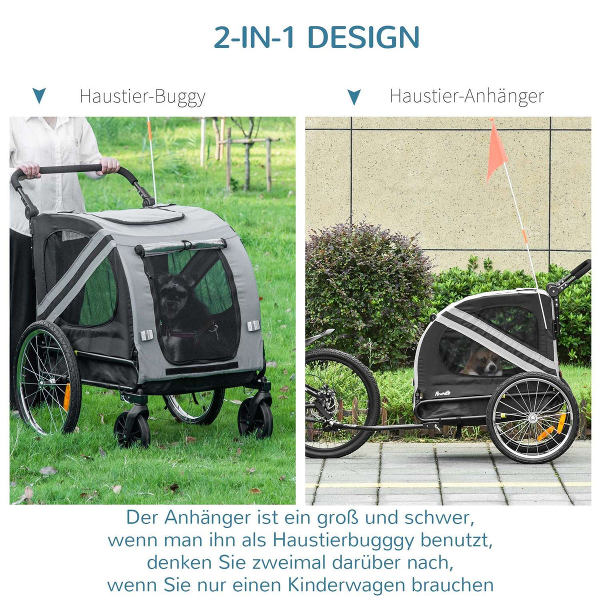 Dog Trailer & Dog Buggy 2-In-1 Dog Bike Trailer With Reflectors, For Medium Dogs Up To 20 Kg, Oxford Fabric, Gray