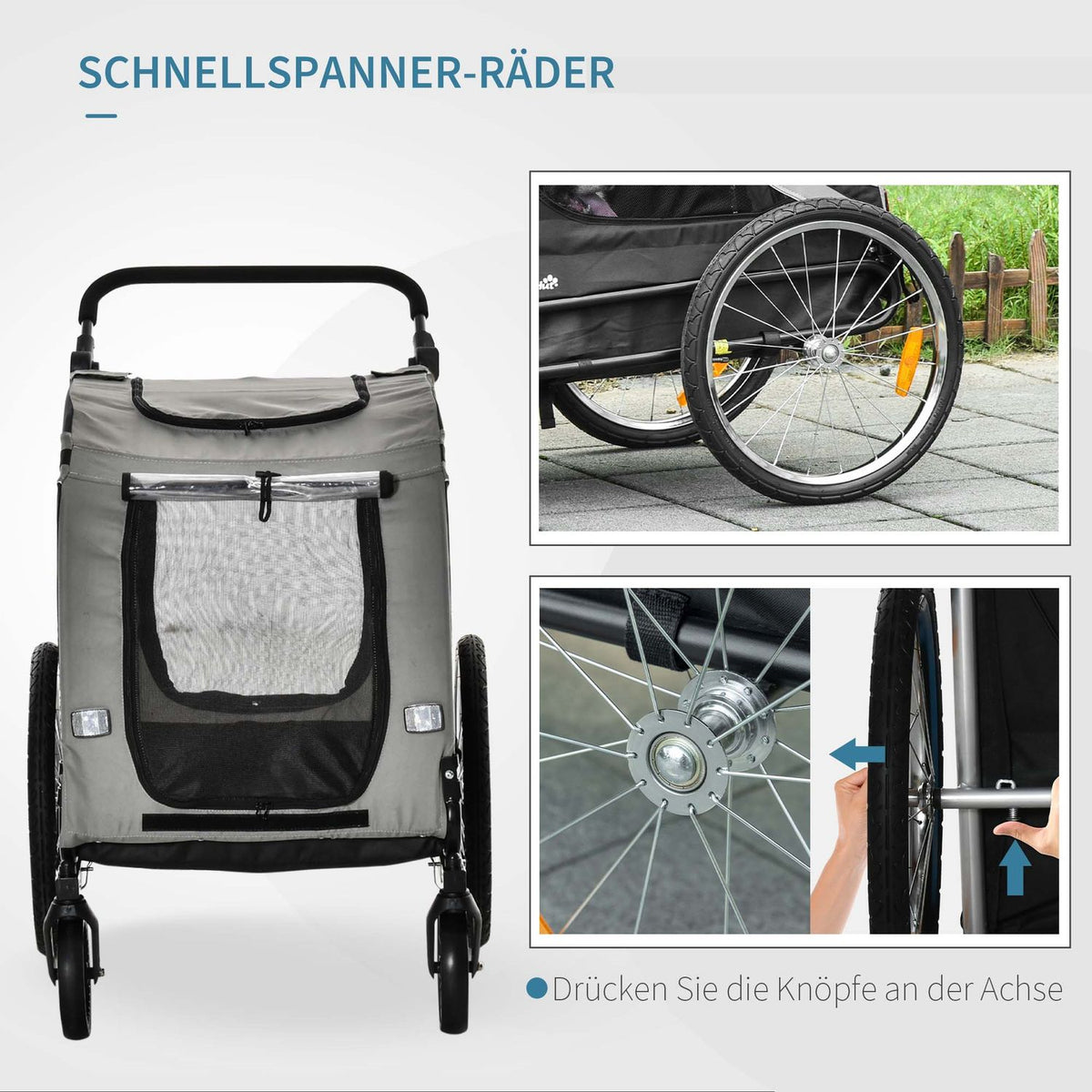 Dog Trailer & Dog Buggy 2-In-1 Dog Bike Trailer With Reflectors, For Medium Dogs Up To 20 Kg, Oxford Fabric, Gray