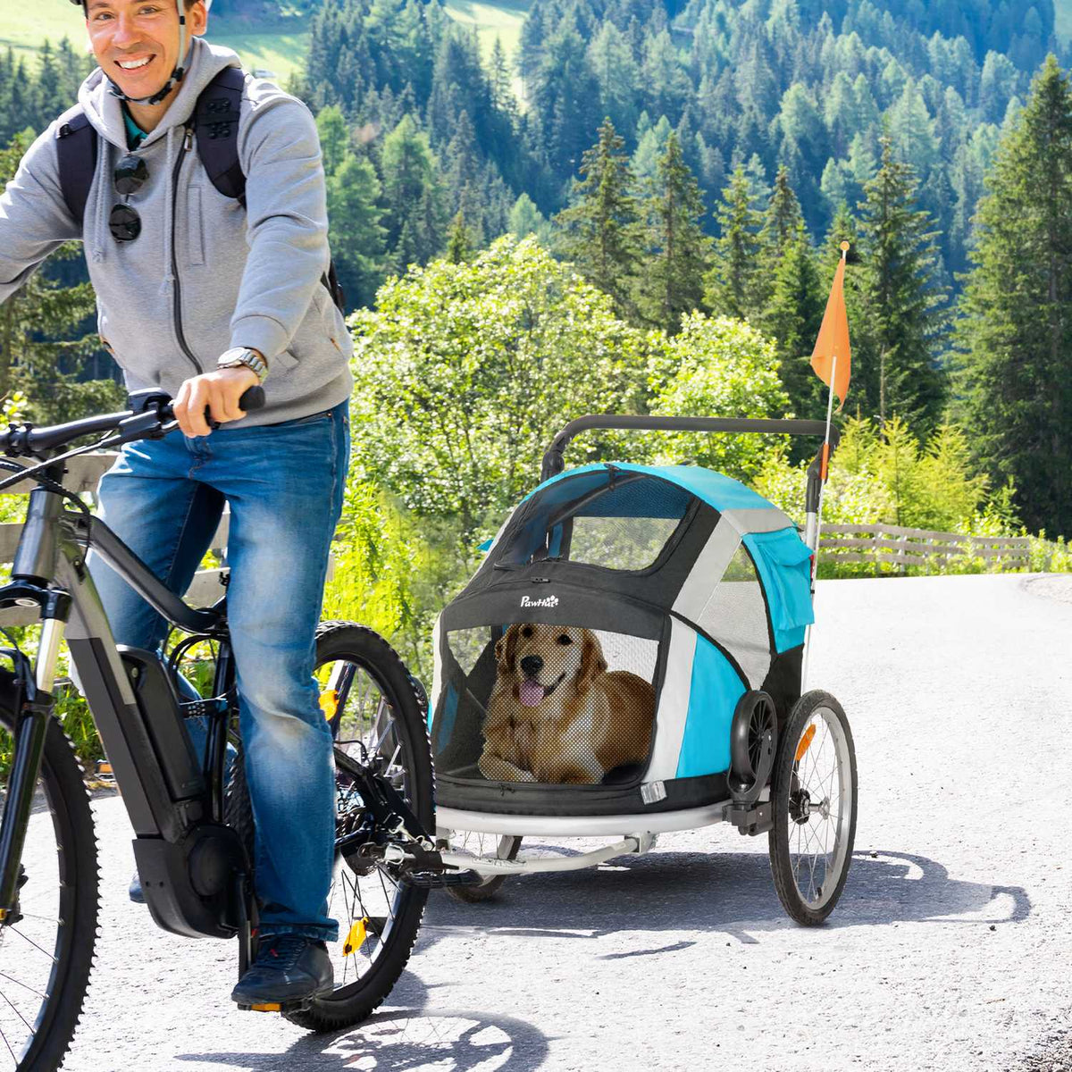 Dog Trailer Foldable 2-In-1 Pet Bicycle Trailer & Dog Transporter, Oxford Fabric, Metal, Blue+Silver, 150X82X108Cm