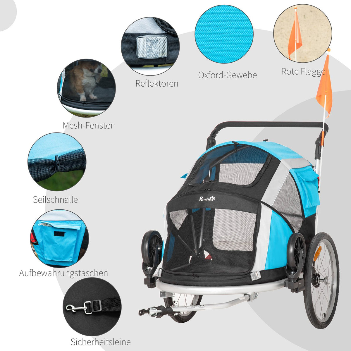 Dog Trailer Foldable 2-In-1 Pet Bicycle Trailer & Dog Transporter, Oxford Fabric, Metal, Blue+Silver, 150X82X108Cm