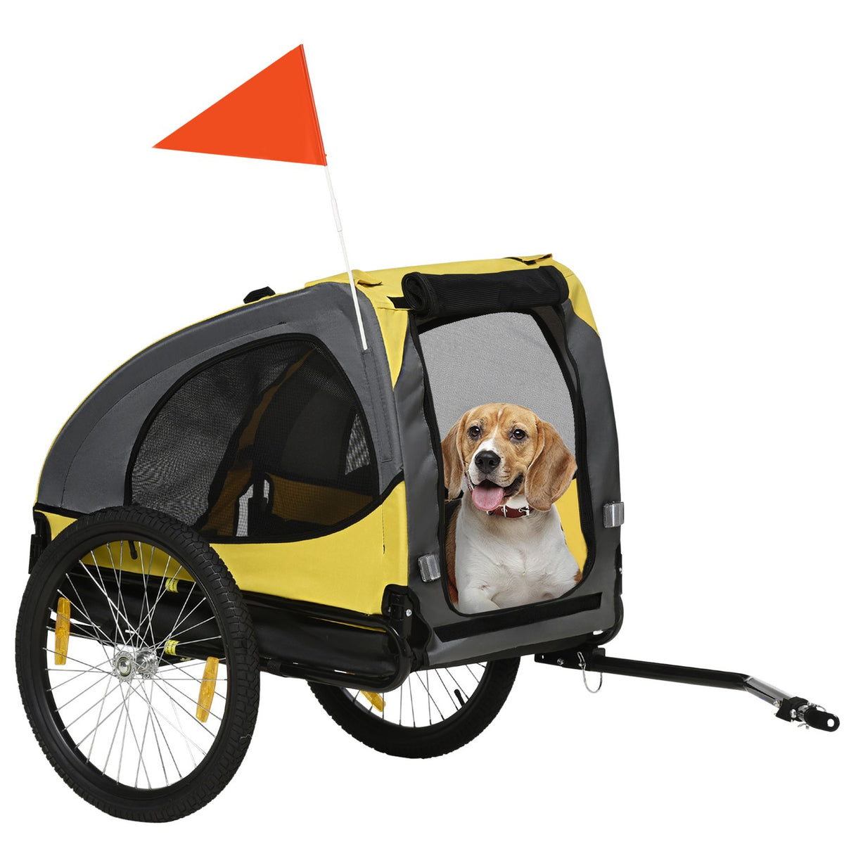 Dog Trailer, Folding Bicycle Trailer With Mesh Window, Reflectors, Flag, Quick Release, Oxford Cloth, Steel, Yellow, 140 X 71 X 83 Cm