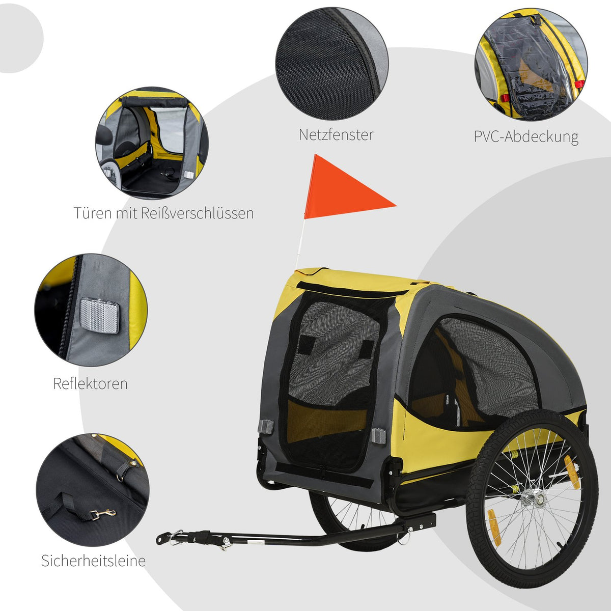 Dog Trailer, Folding Bicycle Trailer With Mesh Window, Reflectors, Flag, Quick Release, Oxford Cloth, Steel, Yellow, 140 X 71 X 83 Cm