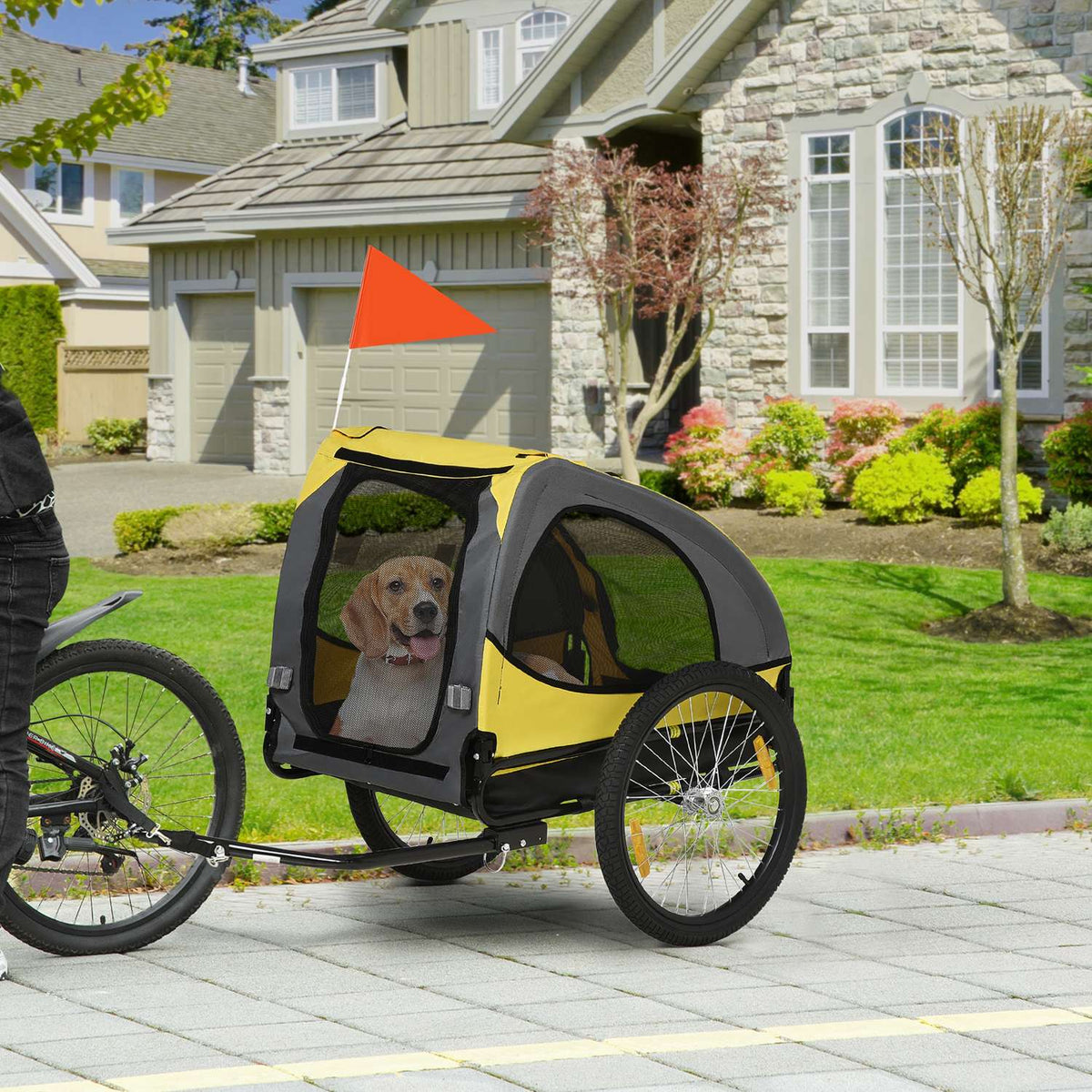 Dog Trailer, Folding Bicycle Trailer With Mesh Window, Reflectors, Flag, Quick Release, Oxford Cloth, Steel, Yellow, 140 X 71 X 83 Cm