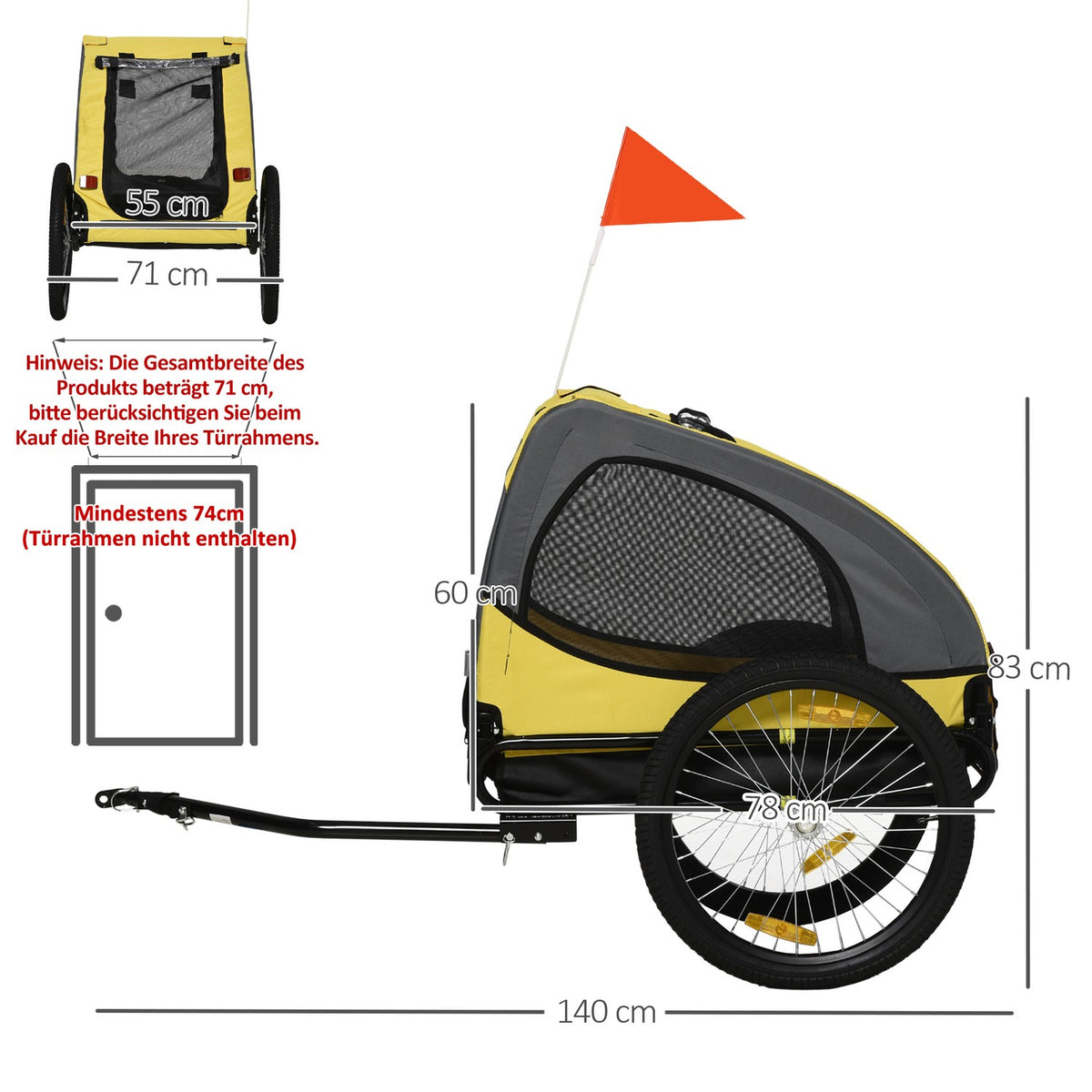 Dog Trailer, Folding Bicycle Trailer With Mesh Window, Reflectors, Flag, Quick Release, Oxford Cloth, Steel, Yellow, 140 X 71 X 83 Cm