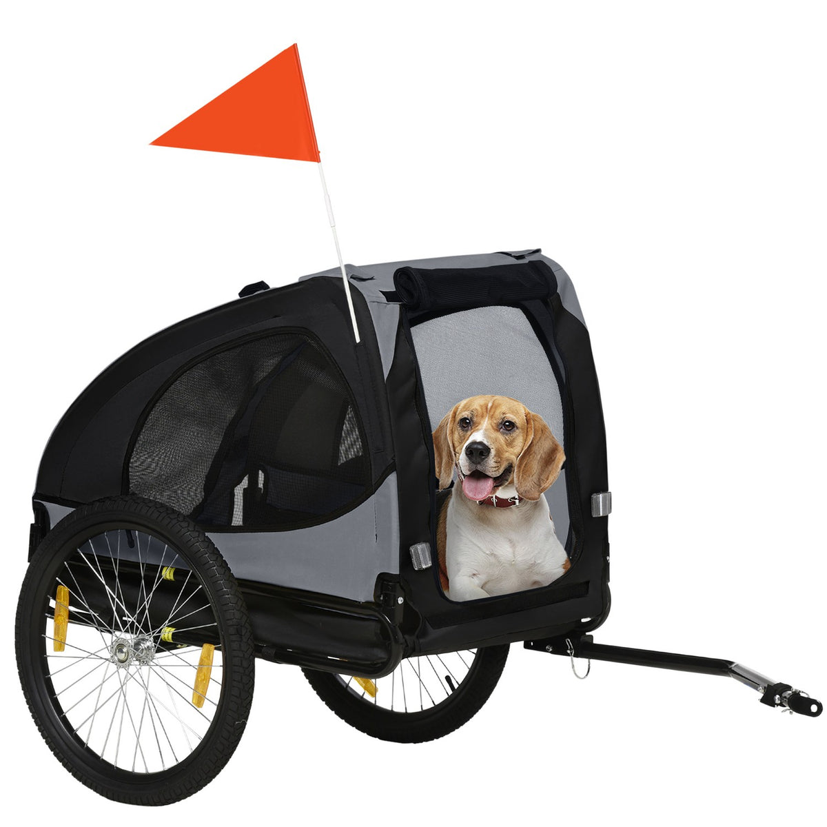Dog Trailer Folding Bicycle Trailer With Mesh Windows, Reflectors & Flag, Quick Release, Made Of Oxford Fabric & Steel, Black, 140X71X83Cm