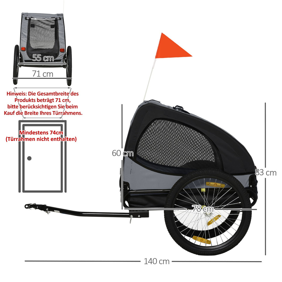 Dog Trailer Folding Bicycle Trailer With Mesh Windows, Reflectors & Flag, Quick Release, Made Of Oxford Fabric & Steel, Black, 140X71X83Cm