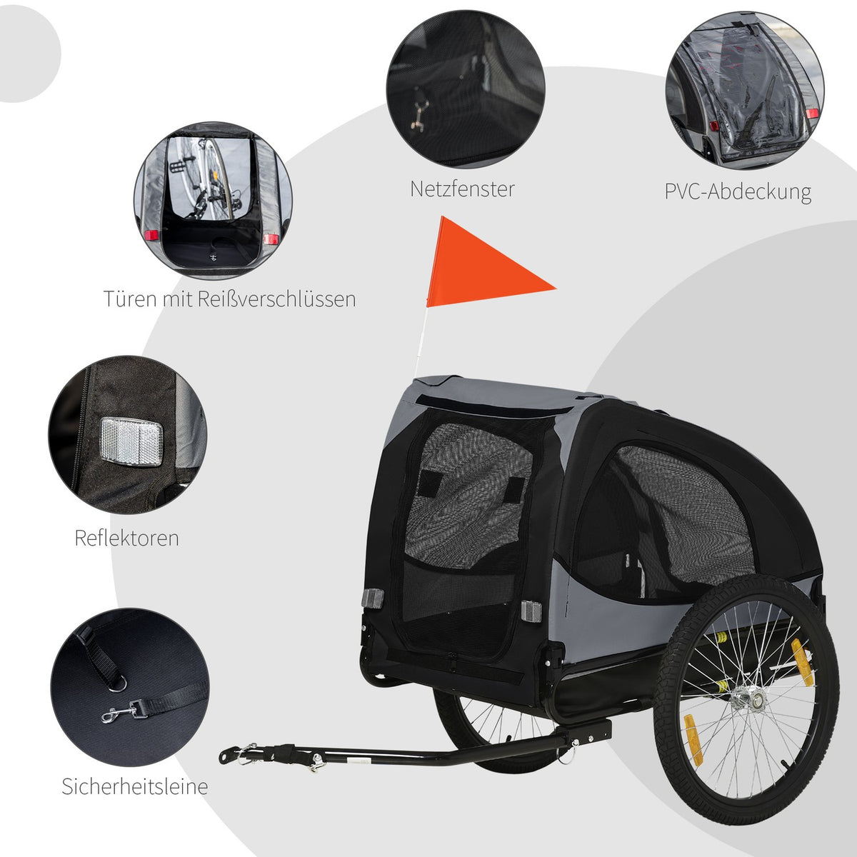 Dog Trailer Folding Bicycle Trailer With Mesh Windows, Reflectors & Flag, Quick Release, Made Of Oxford Fabric & Steel, Black, 140X71X83Cm