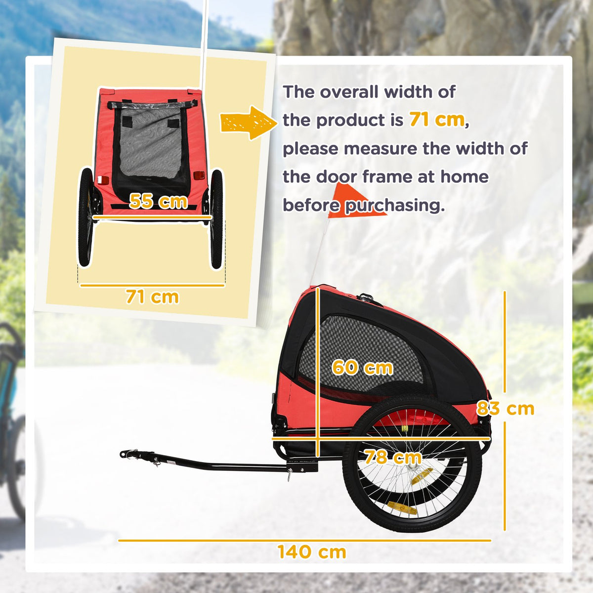 Dog Trailer, Folding Bicycle Trailer for Dogs, Dog Buggy with Reflectors, Quick Release, Dog Bicycle Trailer, Water Resistant, Oxford Cloth, Steel, Red, 140 x 71 x 83 cm
