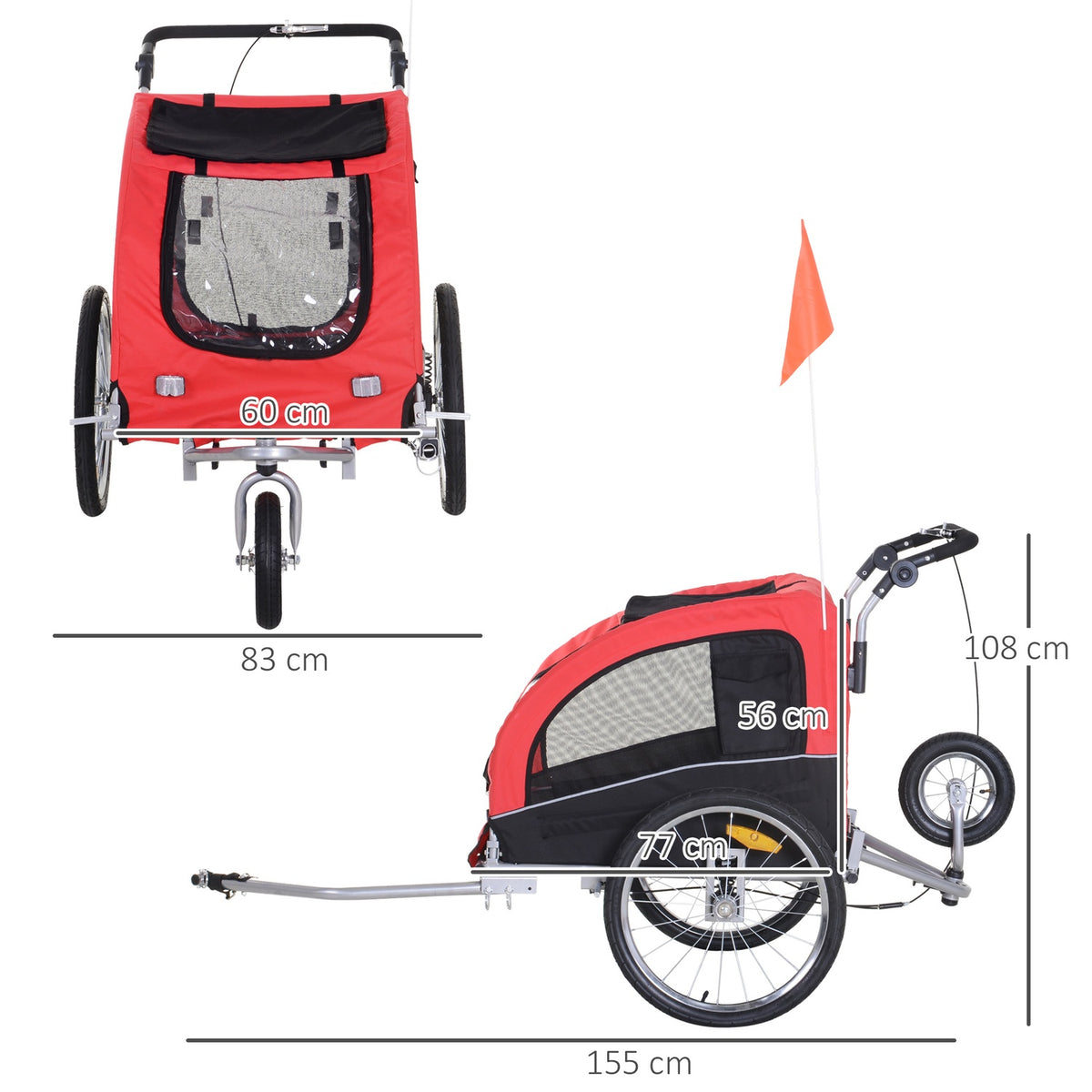 Dog Trailer Jogger Bicycle Trailer Dog Bicycle Trailer Red+Black 155 X 83 X 108 Cm