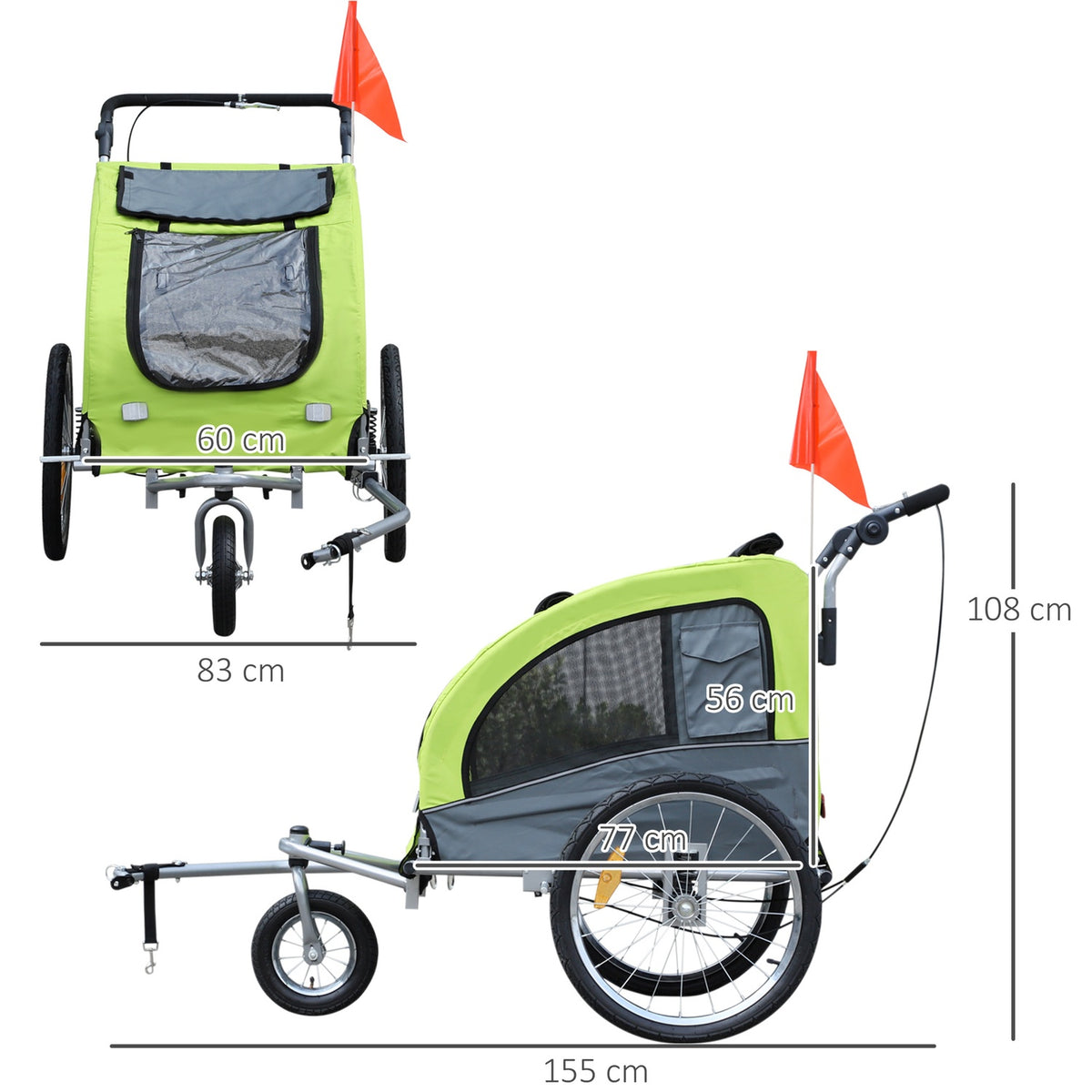 Dog Trailer Jogger Bicycle Trailer For Dogs, Large & Stable, With Safety Flag, Green+Gray, 155X83X108Cm