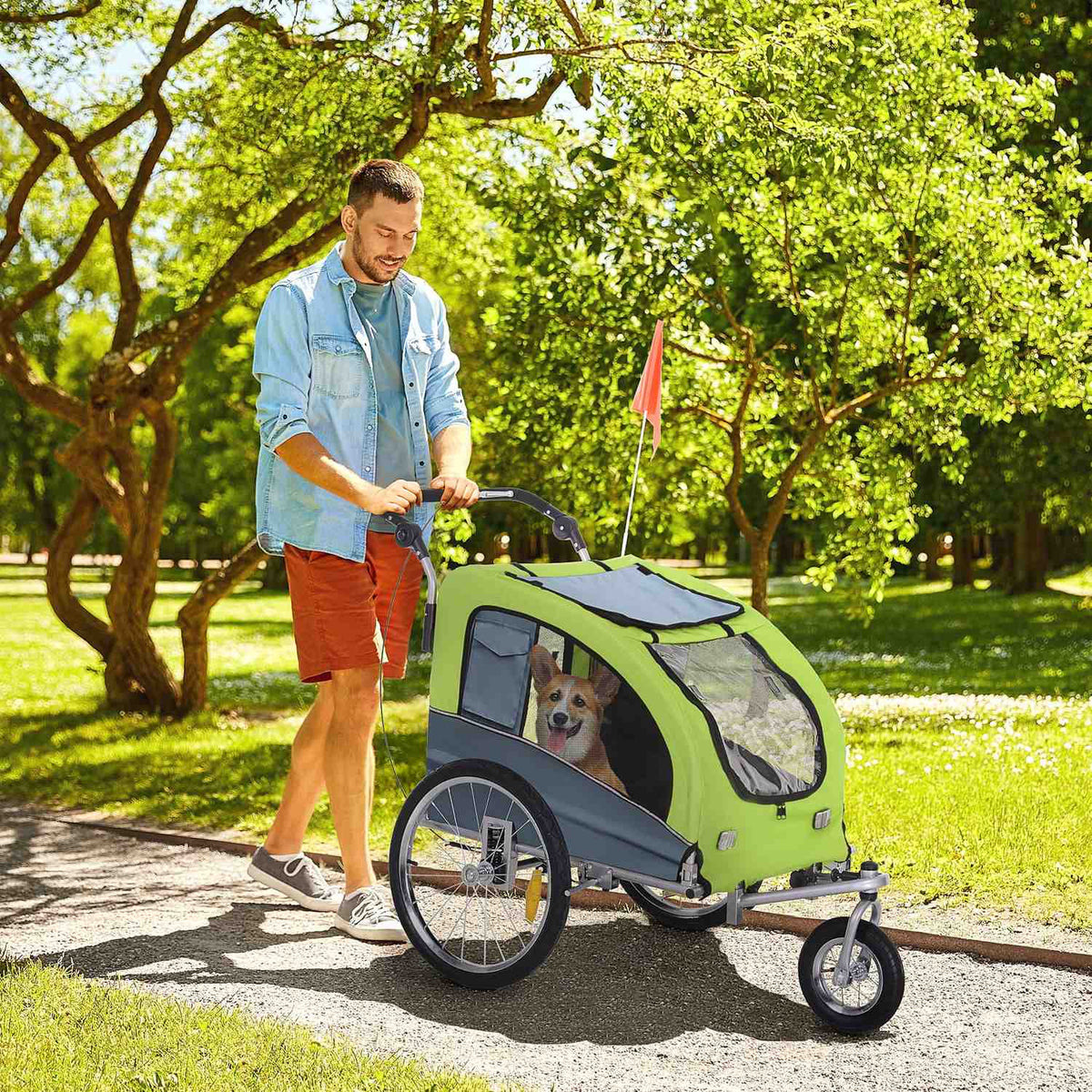 Dog Trailer Jogger Bicycle Trailer For Dogs, Large & Stable, With Safety Flag, Green+Gray, 155X83X108Cm